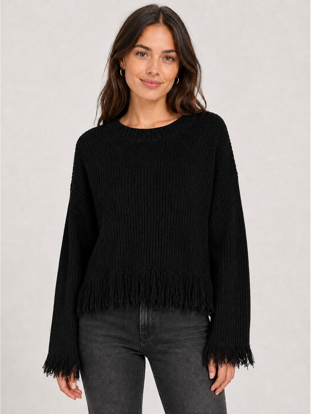 Halara Black Ribbed Knit Fringe Trim Long Sleeve Sweater Size XL